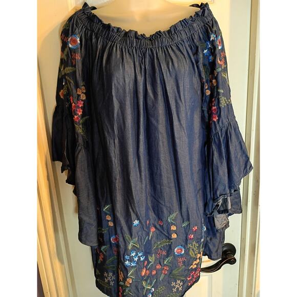 Umgee Dress Blue Embroidered Flared Sleeves Sz L On Or Off Shoulder Boho Fairy - Picture 2 of 11